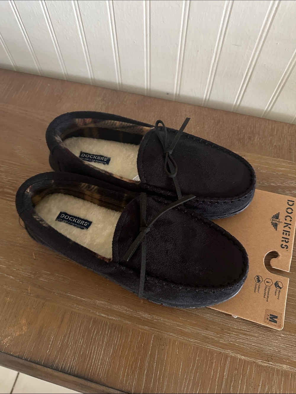 NEW Dockers Memory Foam Navy Blue Suede Moccasin Slippers sz M (7/8)